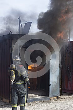 Fireman fire training station drill