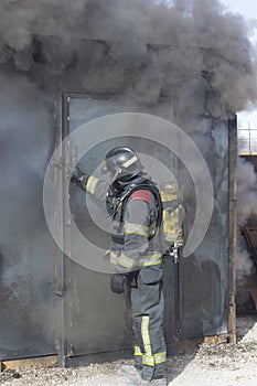 Fireman fire training station drill