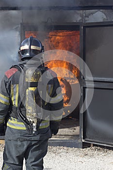 Fireman fire training station drill