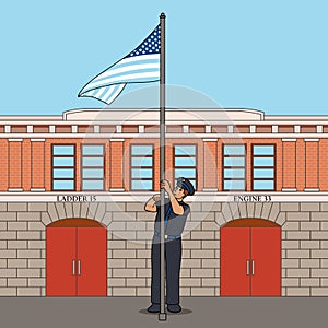 A firefighter raises the US flag, vector flat art illustration