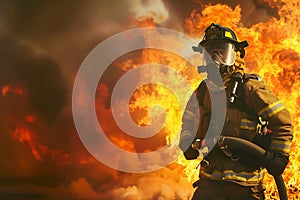 Firefighter ready for action in front of a fierce blaze photo
