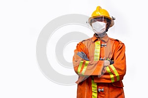 Firefighter rescue, fireman standing portrait wear protective mask to prevent coronavirus CoVID-19 pandemic isolated on white ba