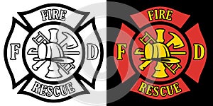 Firefighter Rescue Maltese Florian Cross in both Black Line Art and Red and Gold Color Isolated Vector Illustration