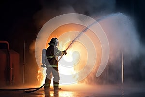 Firefighter Rescue training in fire fighting extinguisher AI generated