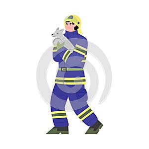 Firefighter rescuing wild animals flat cartoon vector illustration isolated.