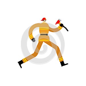 Firefighter run. Fireman running. Fire extinguishing