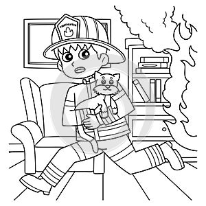 Firefighter Running Away with a Cat Coloring Page