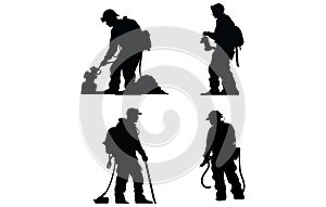 Firefighter sanding silhouette, firefighter with equipment silhouette vector