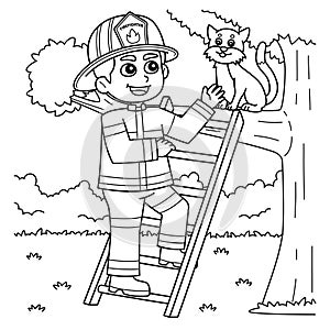 Firefighter Saving a Cat Coloring Page for Kids