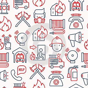 Firefighter seamless pattern with thin line icons photo