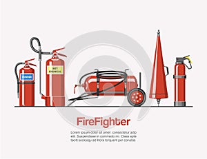 Firefighter service tools, vector illustration. Cartoon firefighter tools set with typography. Elements of the fire