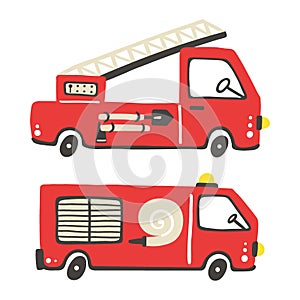 Firefighter set. Fire truck with ladder extinguisher and hose. Hand drawn trendy scandinavian style childish collection, kids