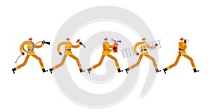 Firefighter set run to fire. Fireman running. Fire extinguishing