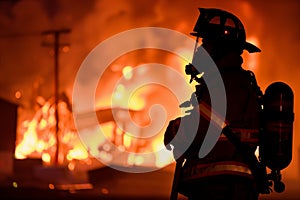 firefighter silhouette against warehouse inferno at night