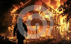 A firefighter silhouetted against a blazing house fire at night, illuminating the dark surroundings.