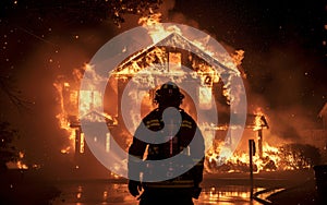 A firefighter silhouetted against a blazing house fire at night, illuminating the dark surroundings.