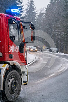 Fire engine on the road closeup