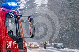 Fire engine on the road closeup