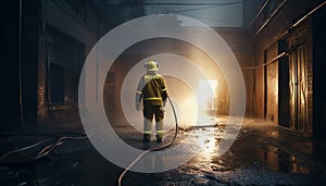 Firefighter spraying flame, protecting in dark with work helmet generated by AI