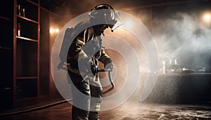 Firefighter spraying water on burning building, wearing protective workwear generated by AI