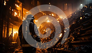 Firefighter standing on flames. A firefighter standing in front of a pile of rubble