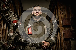 Firefighter in storage room