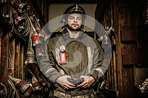 Firefighter in storage room