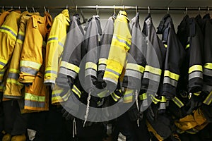 Firefighter suit and equipment ready for operation, Fire fighter room for store equipment, Protection equipment of fire fighter