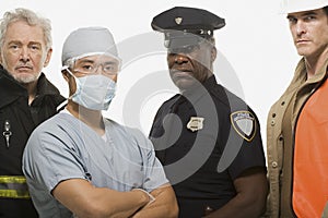 Firefighter surgeon police officer and construction worker photo