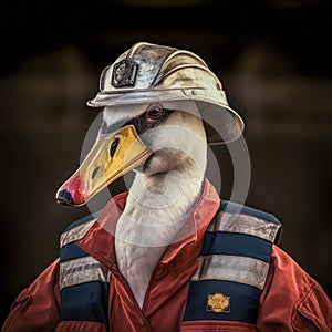 Firefighter Swan Ready for Duty. Funny Swan With Firefighter\'s Helmet