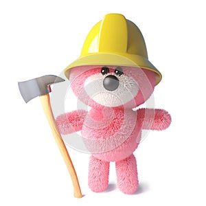 Firefighter teddy bear with pink fluffy fur wearing firemans hat and holding an axe, 3d illustration