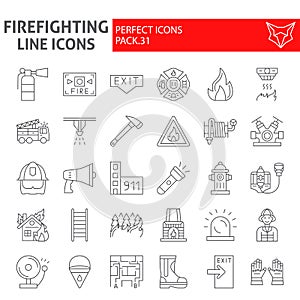 Firefighter thin line icon set, fireman symbols collection, vector sketches, logo illustrations, fire safety signs