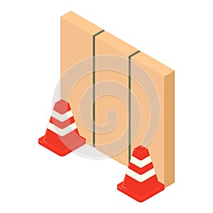 Firefighter tool icon isometric vector. Two fire fencing near big postal package