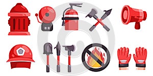 Firefighter tools collection set icon objects no fire sign megaphone shovel fire axe helmet alarm hydrant and fire