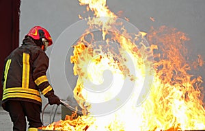 Firefighter during a training exercise off a huge fire in the br