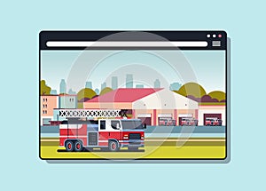 Firefighter truck near building of fire station firefighting concept digital fire department in web browser window
