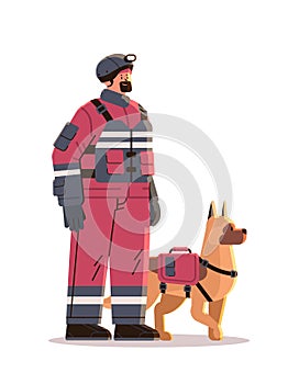 firefighter in uniform fireman with firefighting equipment and dog emergency service happy labor day celebration concept