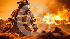 Firefighter in uniform and helmet fighting fire with smoke and flames at night. Generative AI