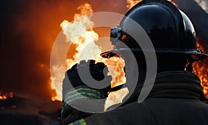 Firefighter in uniform and helmet standing in fire fighting action, close-up