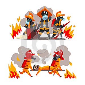 Firefighter in Uniform and Protective Helmet Extinguishing Hazardous Fire with Hose Vector Set