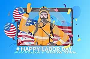 Firefighter in uniform with USA flag happy labor day celebration self isolation online communication