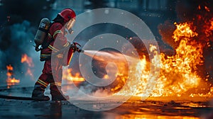 Firefighter Using Hose to Extinguish Fire