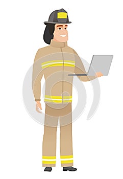 Firefighter using laptop vector illustration.