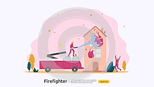Firefighter using water spray from hose for fire fighting burning house. fireman in uniform, fire department rescuer. illustration photo