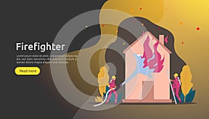 Firefighter using water spray from hose for fire fighting burning house. fireman in uniform, fire department rescuer. illustration