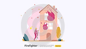 Firefighter using water spray from hose for fire fighting burning house. fireman in uniform, fire department rescuer. illustration