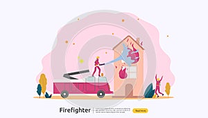 Firefighter using water spray from hose for fire fighting burning house. fireman in uniform, fire department rescuer. illustration