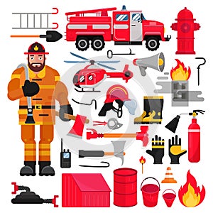 Firefighter vector firefighting equipment firehose hydrant and fire extinguisher illustration firefighting set of