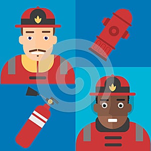 Firefighter vector firefighting equipment firehose hydrant and fire extinguisher illustration firemans uniform with helmet