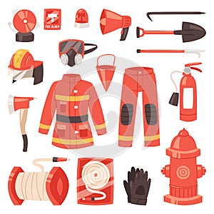 Firefighter vector firefighting equipment firehose hydrant and fire extinguisher illustration set of fireman uniform